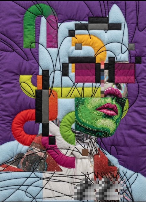 A digital collage artwork featuring a face with glitch effects, green textured skin, pink lips, and colorful geometric shapes against a purple quilted background.