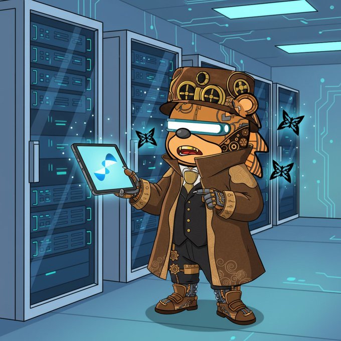 A cartoon illustration of a steampunk-styled bear wearing a top hat, goggles, and trench coat, holding a tablet in a server room with digital butterflies.