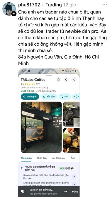 A Facebook post by user "phu81702" from the "Trading" group in Vietnamese, asking local crypto traders in Binh Thanh/Ho Chi Minh City to meet at TMLabs Coffee at 84a Nguyen Cuu Van, Gia Dinh.