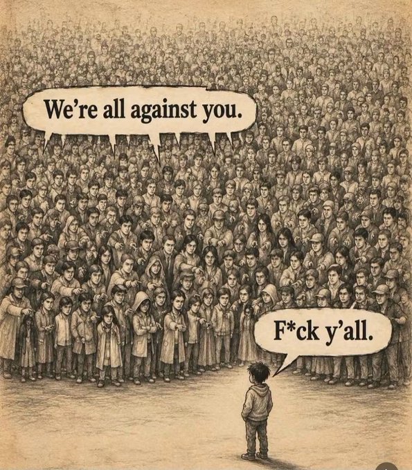 A lone figure stands defiantly before a massive crowd declaring "We're all against you," responding with "F*ck y'all," symbolizing an independent Cardano ($ADA) holder rejecting mainstream market sentiment.