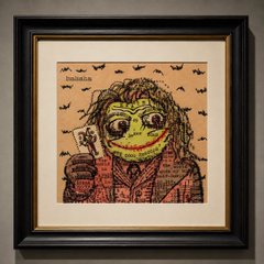 A framed “Poet Toad #49 – Joker Toad” artwork shows a green toad styled as the Joker, surrounded by bats and a cityscape. It reflects the post’s 3-hour auction, opening at 10 SOL, with custom framing included.