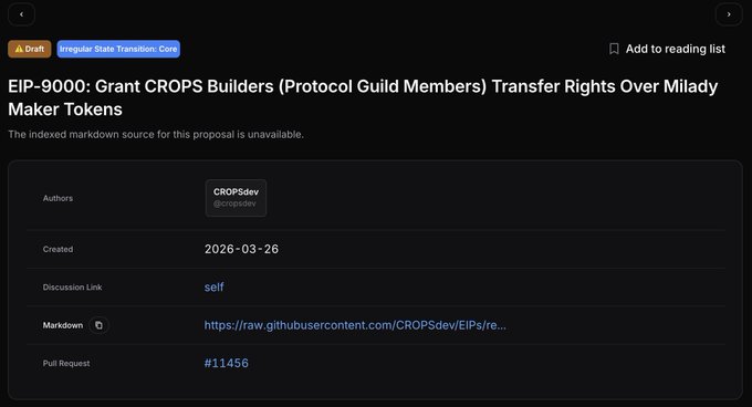 A GitHub-style proposal page for EIP-9000 by CROPSdev, titled 'Grant CROPS Builders (Protocol Guild Members) Transfer Rights Over Milady Maker Tokens,' created 2026-03-26 with Pull Request #11456.