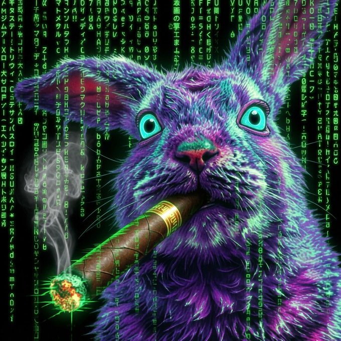 The image features a purple rabbit holding a cigar, with the rabbit's eyes wide open as if surprised or intrigued by something. The background of the image consists of various numbers and letters, which appear to be part of a code or a puzzle that the rabbit is trying to decipher. The caption below the image reads: "Bunny mode activated $os". This suggests that the rabbit might be attempting to solve a mystery or crack a secret code using its unique purple appearance and cigar.