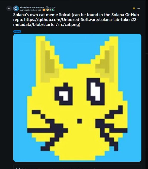 A Reddit post from r/cryptocurrencymemes showing Solana's own cat meme called "Solcat" from the Solana GitHub repository, featuring a pixelated yellow cat face on a blue background.