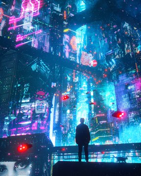 A lone figure stands on a high platform, gazing out over a sprawling cyberpunk cityscape awash in vibrant blue and pink neon lights. The futuristic metropolis visually reinforces the post's message about embracing cutting-edge technology like Ethereum to champion censorship resistance and human agency in a complex, modern world.