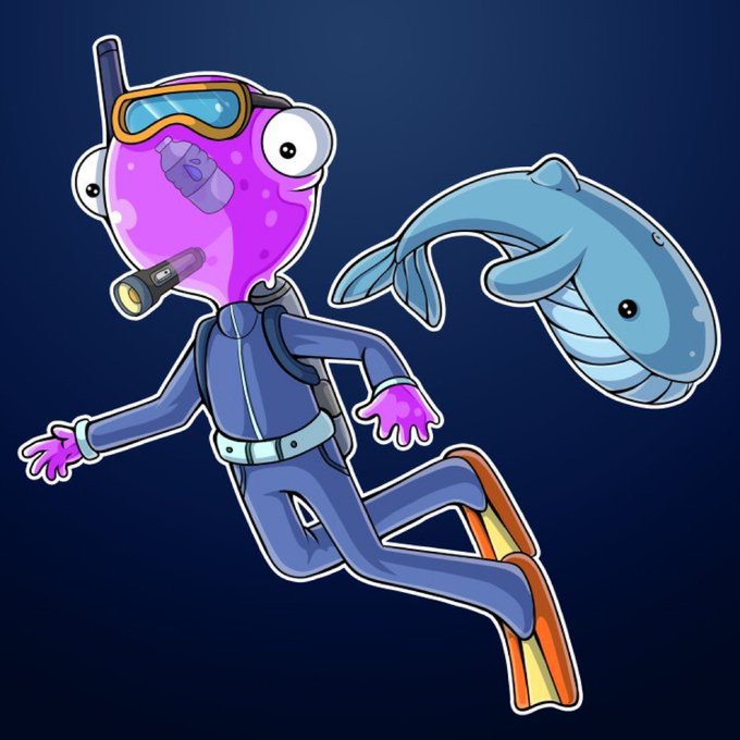 A cartoon illustration depicts a purple-skinned diver in a blue wetsuit and yellow flippers swimming alongside a blue whale against a dark blue background.