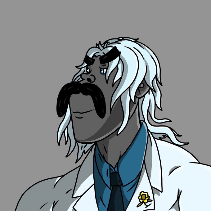 A stylized cartoon character with long white hair, a black mustache, and a white lab coat with a yellow rose pin is depicted against a gray background. The image appears unrelated to the giveaway post, likely serving as a promotional graphic or banner to attract attention to the GTD spots giveaway for @Darkhoodsnft.