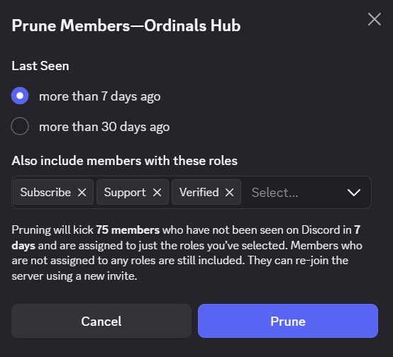 A Discord "Prune Members" interface for the "Ordinals Hub" server showing a pending action to remove 75 inactive members who haven't been seen in 7 days and only hold Subscribe, Support, or Verified roles. This corresponds to the post's plan to prune inactive subscribed and support members, which the poster notes will free up Discord slots.