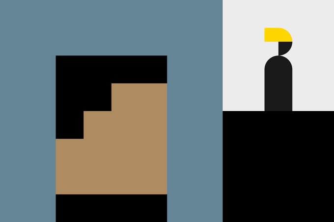 A minimalist geometric composition in gray, blue, black, brown, and yellow featuring abstract architectural shapes and a small figure with a yellow hat.