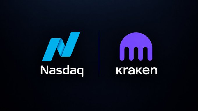 A simple partnership graphic featuring the Nasdaq logo alongside the Kraken logo on a dark background.