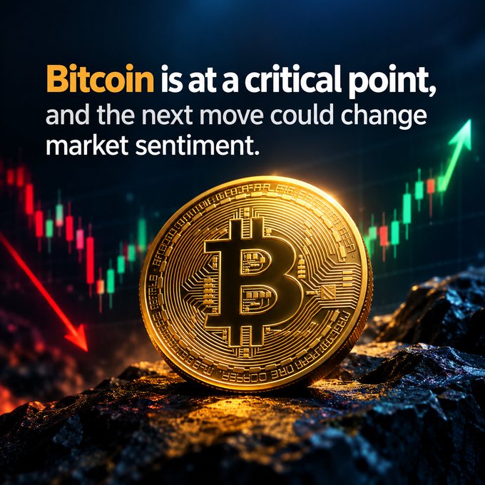 A digital graphic featuring a gold Bitcoin coin with the text 'Bitcoin is at a critical point, and the next move could change market sentiment' against a background of green and red candlestick charts.
