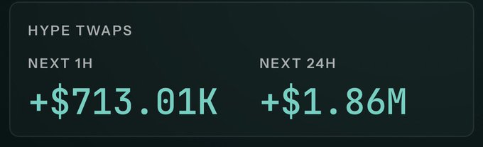 A dark dashboard panel titled 'HYPE TWAPS' displays projected buy amounts: '+$713.01K' for the 'NEXT 1H' and '+$1.86M' for the 'NEXT 24H'.