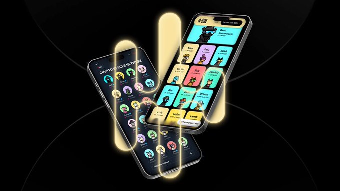 A promotional image of two smartphones displaying a crypto-themed NFT app interface with various cartoon character collectibles, framed by glowing golden arched ribbons.