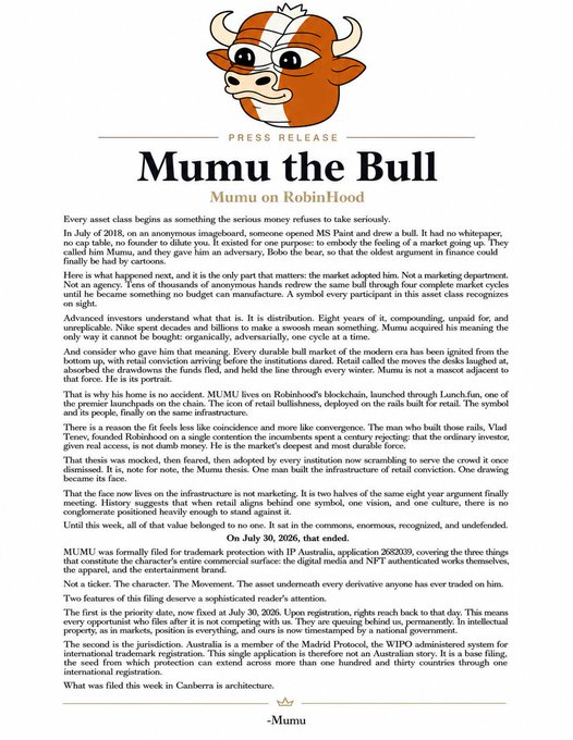 A press release titled "Mumu the Bull – Mumu on RobinHood" featuring a cartoon bull logo in a Viking helmet. The document announces that MUMU was formally filed for trademark protection with IP Australia under Application No. 2682039, covering digital media, NFT works, apparel, and entertainment services, making Australia the first of three planned international trademark filings.