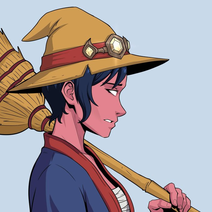 Side-profile illustration of a witch with dark blue hair wearing a pointed tan hat with a red band and gold emblem, carrying a wooden broom over her shoulder, dressed in a blue robe with red trim.