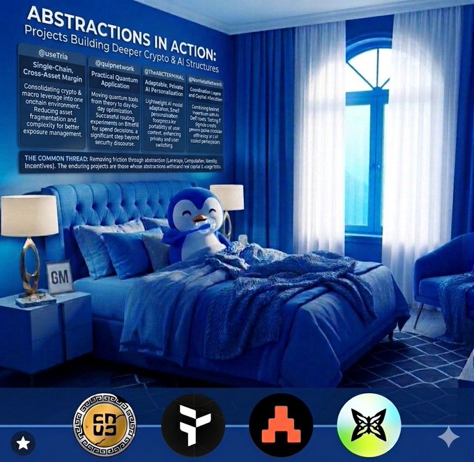 A blue-themed bedroom scene with a penguin plush on the bed, overlaid with text titled "ABSTRACTIONS IN ACTION: Projects Building Deeper Crypto & AI Structures" listing projects like @useTria, @quip.network, @TheARC69chain, and @NominalNetwork.