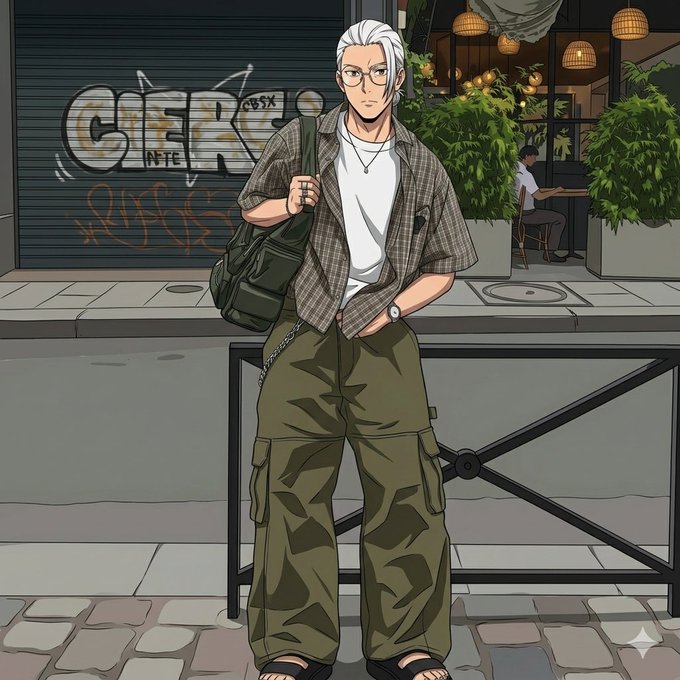 A stylish anime-style character with white hair, glasses, and a plaid shirt stands on a city street with a backpack, while the post's "let's get that bag" caption ties in with the bag slung over their shoulder. The background features a graffiti-covered shutter with the word "CIRE" visible.