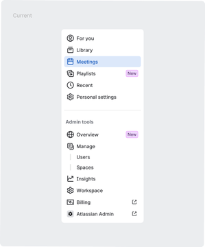 A screenshot of a Zoom sidebar menu with options including 'For you', 'Library', 'Meetings' (highlighted), 'Playlists', and 'Recent', along with 'Admin tools' like 'Overview', 'Manage', and 'Billing'.