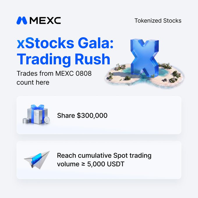 A MEXC promotional graphic for the "xStocks Gala: Trading Rush" event, highlighting a $300,000 prize pool for users who reach a cumulative Spot trading volume of ≥5,000 USDT, with a note that trades made from MEXC 0808 count toward the promotion. The design features the MEXC logo, a tropical island with a glowing blue "X" monument, and icons of a gift box and paper airplane symbolizing rewards and trading activity.