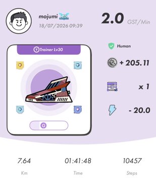 A STEPN app screenshot for user 'mojumi' earning 2.0 GST/Min on a Level 30 Trainer sneaker, with 7.64 km walked in 1:41:48 totaling 10,457 steps.