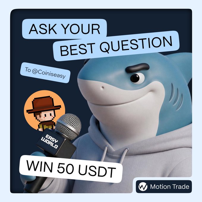 A promotional graphic from Motion Trade features a 3D shark character holding an 'EASY WORLD' microphone, inviting users to submit their best question to @Coiniseasy for a chance to win 50 USDT.