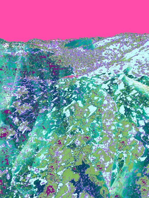 An abstract, highly textured digital artwork features a jagged landscape of green, white, and purple beneath a solid pink sky.