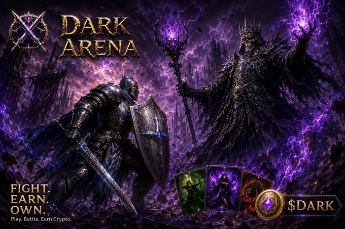 Promotional artwork for Dark Arena ($DARK), a Solana-based onchain card battle RPG, depicting an armored knight with sword and shield facing a towering dark sorcerer wielding purple lightning, accompanied by sample in-game cards and the tagline "FIGHT. EARN. OWN. Play. Battle. Earn Crypto."
