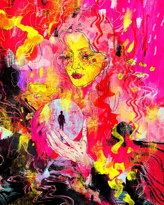 A vibrant, abstract digital artwork featuring a yellow-toned female face surrounded by chaotic pink, red, and yellow brushstrokes, holding a translucent orb with a silhouette inside.