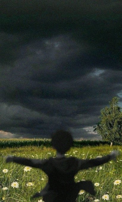 An animated figure with outstretched arms sits in a field of daisies, looking up at a dark, cloudy sky.