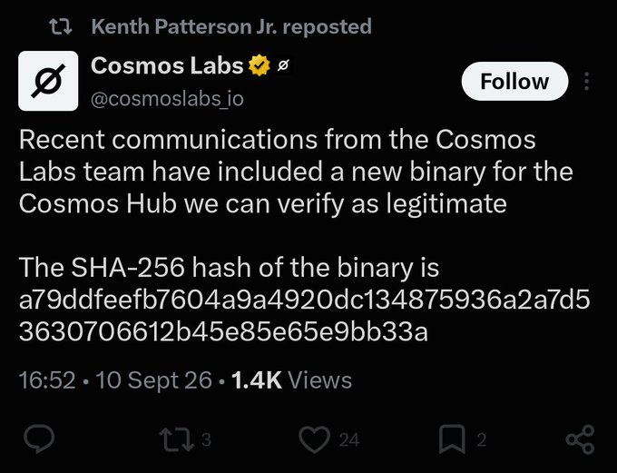 A tweet from Cosmos Labs (@cosmoslabs_io) shared by Kenth Patterson Jr., announcing verification of a new binary for Cosmos Hub with its SHA-256 hash.