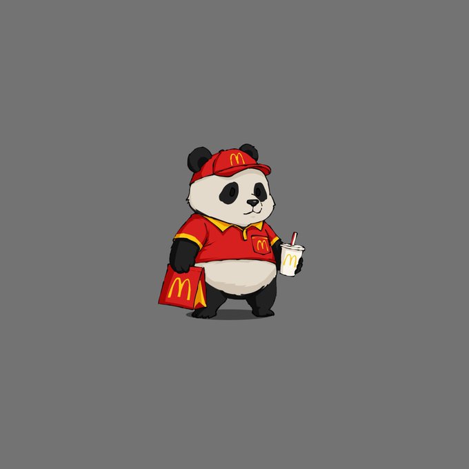 A cartoon illustration of a panda wearing a red McDonald's uniform and cap, holding a red McDonald's bag in one paw and a drink cup in the other, against a solid gray background.