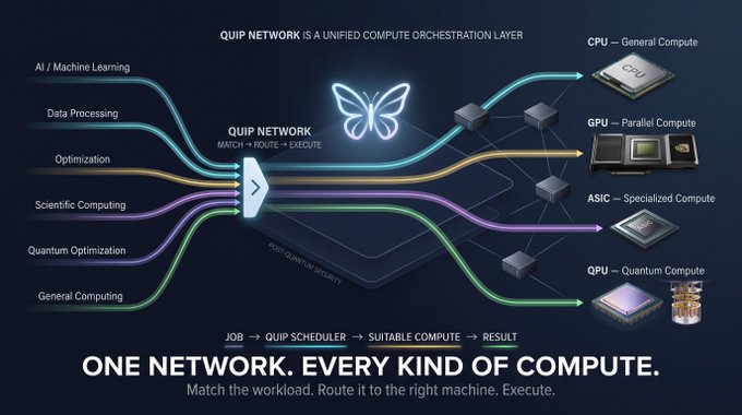 Infographic for 'QUIP NETWORK' showing a unified compute orchestration system routing workloads from AI/Machine Learning, Data Processing, Optimization, Scientific Computing, Quantum Optimization, and General Computing to CPU, GPU, ASIC, and QPU with tagline 'ONE NETWORK. EVERY KIND OF COMPUTE.'.