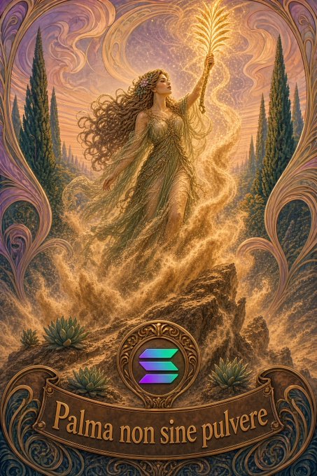 A fantasy illustration of a woman in a flowing dress holding a glowing plant aloft amid golden sand and cypress trees, with the Latin phrase 'Palma non sine pulvere' on a banner below and the Solana logo.