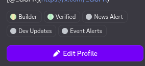 A Discord profile interface shows the "Builder" and "Verified" roles selected with checkmarked circles, along with an "Edit Profile" button below. The image illustrates the achievement mentioned in the post of earning the "Builder" role on the Arc Discord server for developing ArcPay, a non-custodial payment gateway.