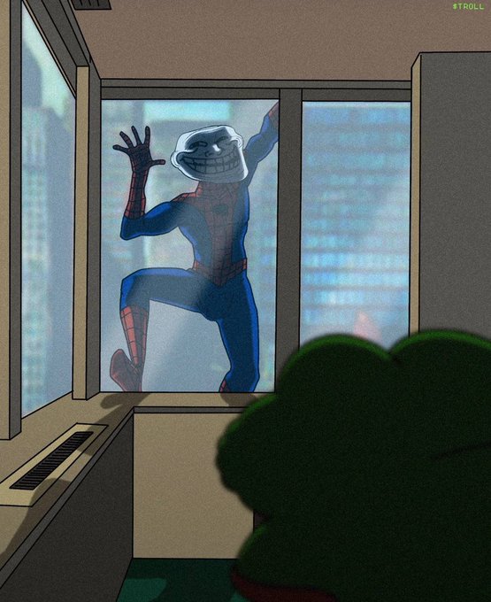 Spider-Man with a troll face mask clings to the outside of a window, waving through the glass at what appears to be Pepe the Frog inside, with "TROLL" in the top right corner—visually illustrating the post's meme of teasing someone online while hiding behind humor.