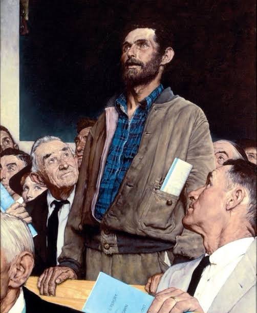 A detail from a Norman Rockwell painting shows a tall, bearded man in a brown jacket standing in a crowd of older men dressed in suits and looking upwards with attentive expressions.