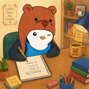 A cozy illustration of a bear wearing a bear-costume hood sitting at a desk with a notebook showing a checklist (Pomodoro, VPN, MOG, Chippi), surrounded by motivational notes including 'Little Steps Big Dreams', 'Keep Going', 'You can do it!', and 'FOCUS!'.