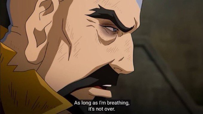 A close-up animated frame of a stern-looking older man with gray hair and a furrowed brow, with subtitle text reading 'As long as I'm breathing, it's not over.'