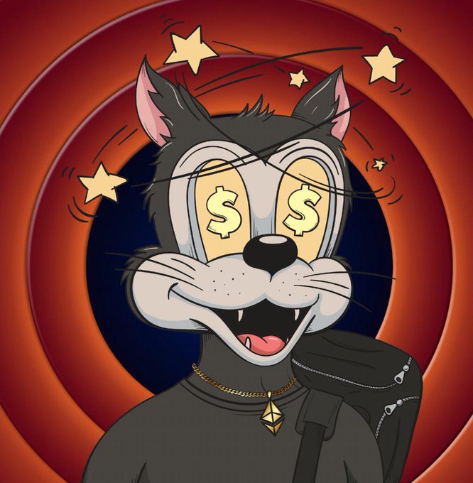 A cartoon cat with dollar signs in its eyes and stars circling its head appears dazed or dazzled, wearing a black outfit with zippers and a gold necklace, set against a red spiral background. The image humorously captures the "Toonzday" vibe—suggesting the cartoon character is loopy or starstruck, fitting the playful farewell tone of the post.
