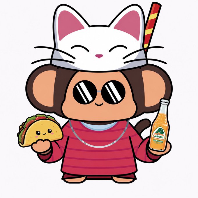 The image features a cartoon character dressed as a monkey, wearing a hat with a cat's face and sunglasses. The character holds a taco and a bottle of soda, possibly representing a new product launch or promotion for "Gm Happy Taco Ch Tuesday Tales from the Taco Dojo". The post also mentions that this is part of the @ChimpersHQ x @Jarritos collectible collection on Instagram.