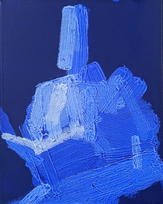 An abstract painting composed entirely of varying shades of blue, featuring thick, expressive impasto brushstrokes forming a textured, layered geometric structure against a darker blue background.