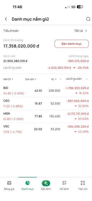 A Vietnamese stock portfolio app screenshot showing a market value of 17,358,020,000₫ with a -20.74% loss, listing holdings in BID, CEO, MSN, and VSC stocks, all showing significant losses.