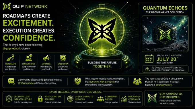 A promotional graphic for Quip Network featuring a glowing green butterfly logo with the tagline "Building the Future, Together" highlights the upcoming "Quantum Echoes" NFT collection with a speculated July 20 mint date, while emphasizing that roadmaps create excitement but execution creates confidence through decentralized infrastructure, post-quantum security, and community-driven development.