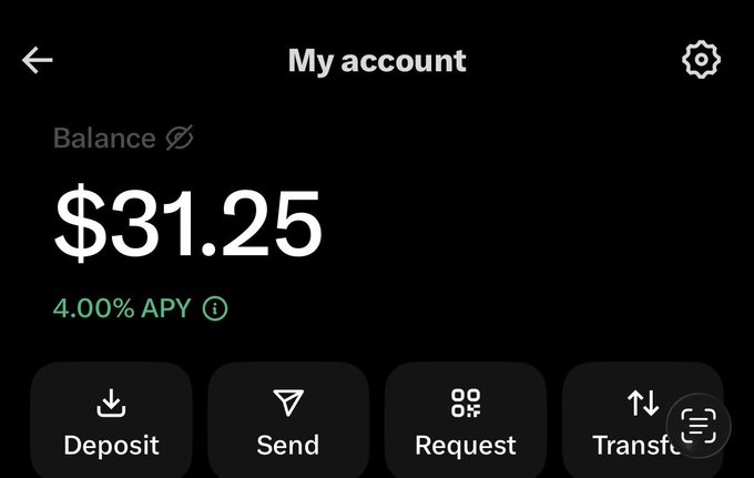 A screenshot of a "My account" page showing a balance of $31.25 earning 4.00% APY, with options to Deposit, Send, Request, or Transfer — reflecting the post's gratitude for receiving money on the XMoney platform.