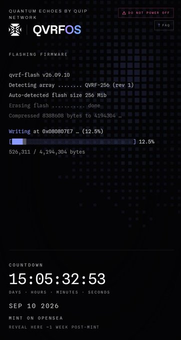 A smartphone screenshot showing the QVRFOS flashing firmware process at 12.5%, dated SEP 10 2026, with a countdown timer of 15:05:32:53.