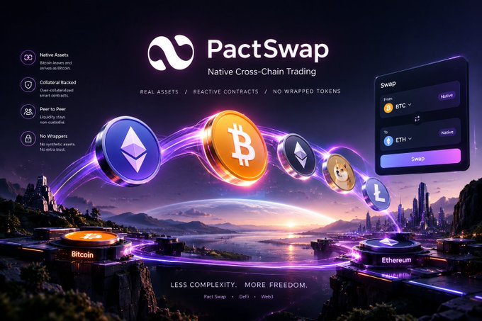 A promotional banner for "PactSwap" describing "Native Cross-Chain Trading" for Real Assets and Reactive Contracts, showing icons for Bitcoin, Ethereum, and Litecoin with a "Swap" interface from BTC to ETH.