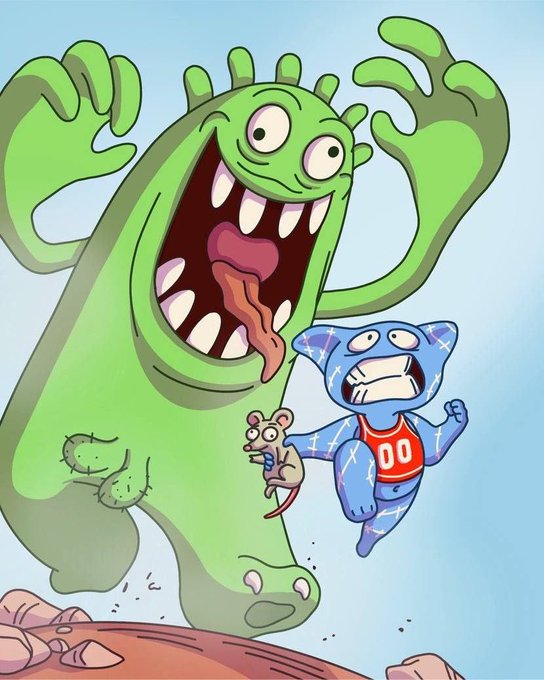 A cartoon of a giant green monster chasing a small blue character wearing a red tank top with "00" on it and holding a mouse. This image is for a giveaway of 3 GTD and 3 WL for Felis HQ, with a 3001 FREEMINT on Solana.