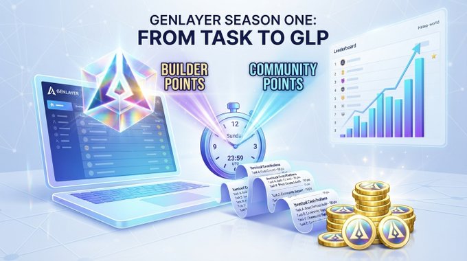 A promotional graphic titled 'GENLAYER SEASON ONE: FROM TASK TO GLP' featuring illustrations of a laptop, stopwatch, leaderboard, and stacked gold coins alongside text highlighting 'BUILDER POINTS' and 'COMMUNITY POINTS'.