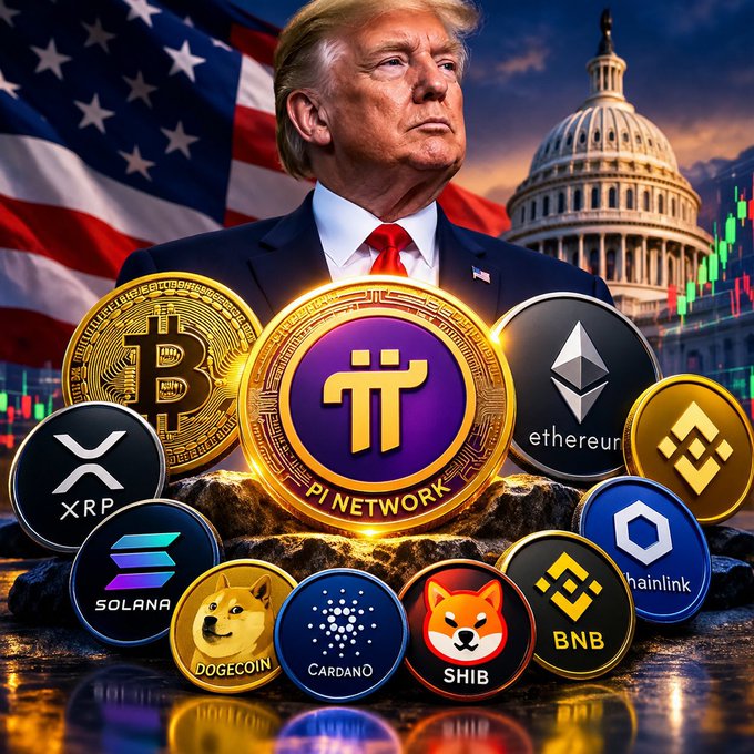 A digital artwork featuring Donald Trump in front of the US Capitol and American flag, surrounded by various cryptocurrency coins including Bitcoin, Pi Network, Ethereum, XRP, Solana, BNB, Dogecoin, Cardano, Shiba Inu, and Chainlink.