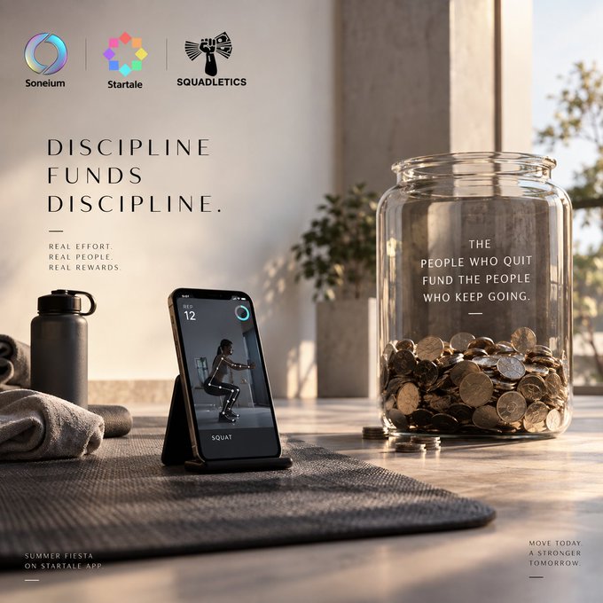 An advertisement with the text 'DISCIPLINE FUNDS DISCIPLINE' and 'REAL EFFORT. REAL PEOPLE. REAL REWARDS' featuring a phone displaying a fitness app and a jar of coins with the message 'THE PEOPLE WHO QUIT FUND THE PEOPLE WHO KEEP GOING,' with logos for Sonelum, Startale, and Squadletics.
